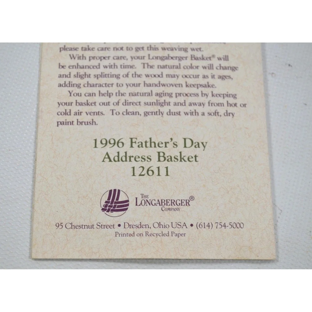 Longaberger 1996 Father's Day Address Rolodex Basket w Lid Protector and Cards